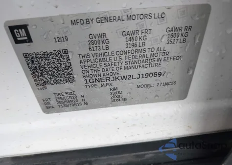 2020 Chevrolet Traverse Fwd Rs z USA, uszkodzony, nr VIN 1GNERJKW2LJ190697